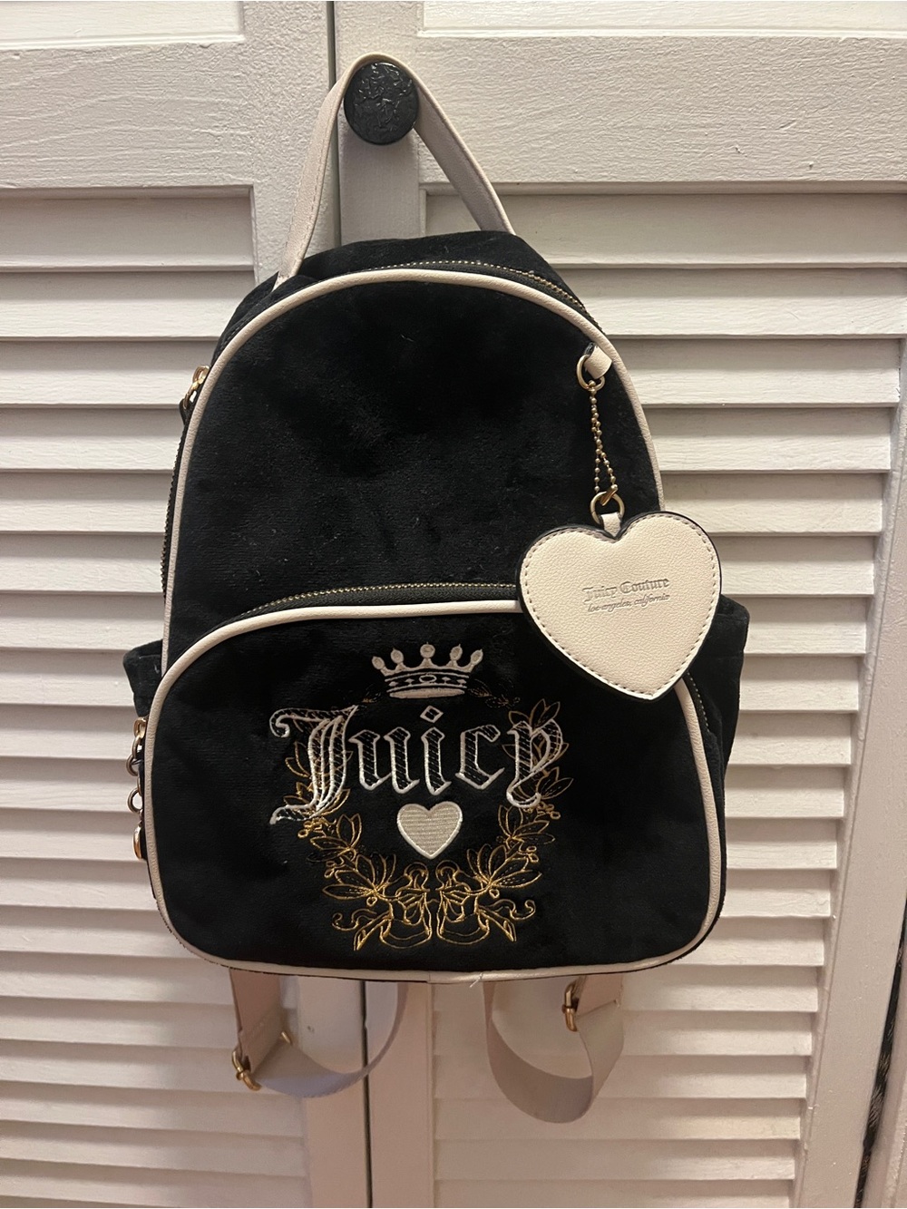 Juicy Couture Black Velvet Mini Backpack with Cream Trim and Heart Charm